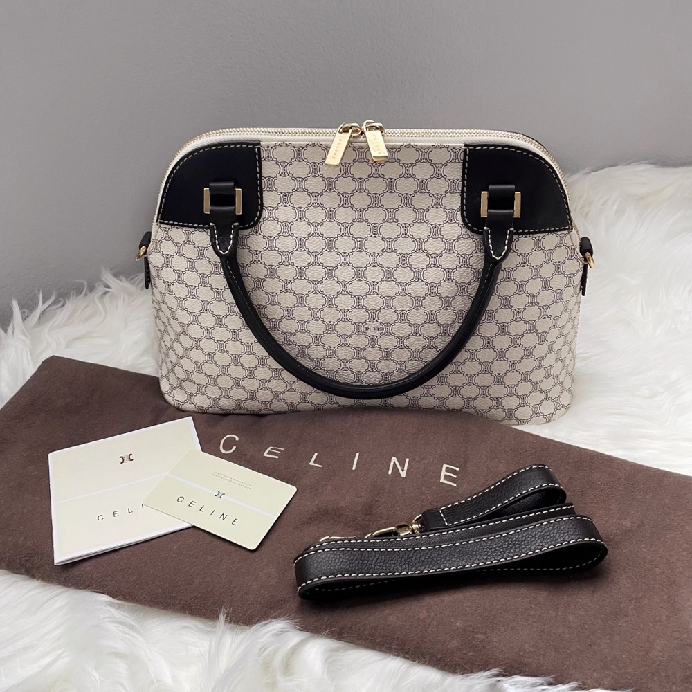 Celine Vintage Dome Satchel, White Macadam Canvas, Top Handle and Crossbody